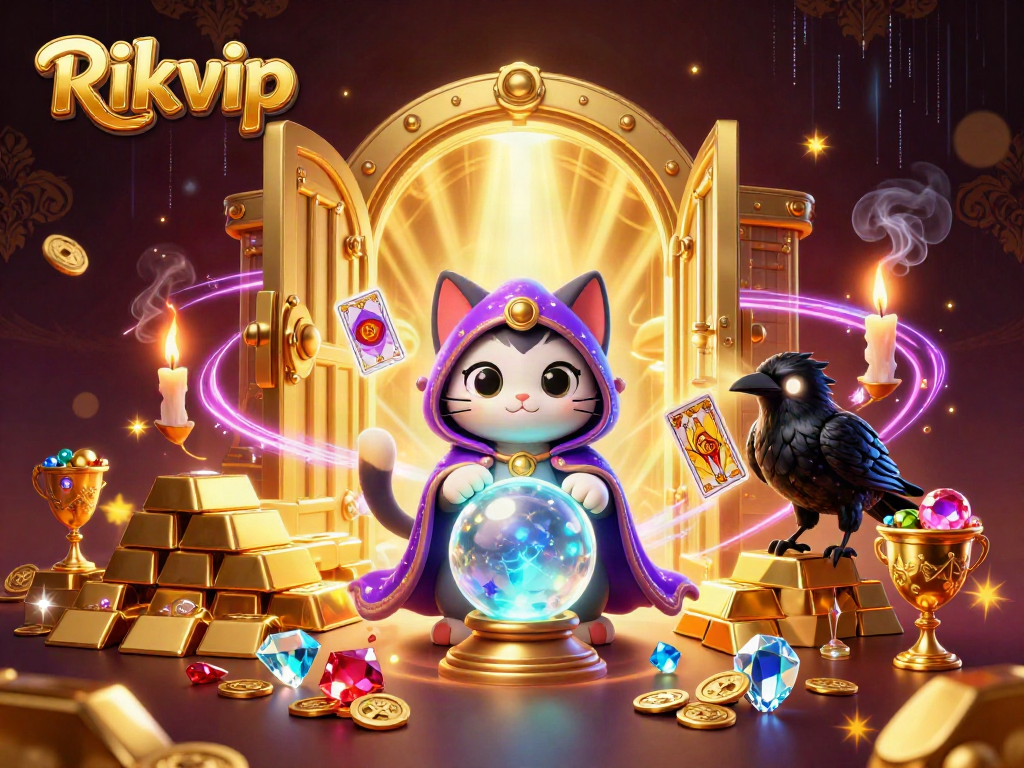 Engage with Rikvip's vibrant casino world featuring animated characters surrounded by treasure and mystical elements.