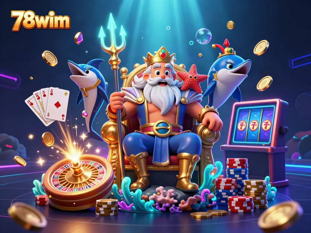 Engage with 78wim's vibrant casino scene featuring Neptune, coins, and vibrant game elements.