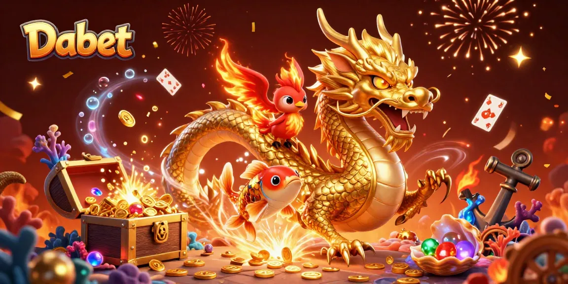 Engage with Dabet's thrilling casino experience featuring a dragon, phoenix, and koi fish.