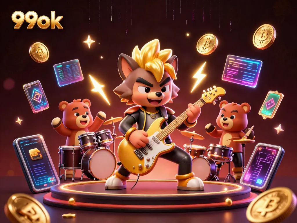 Experience the thrill of 99ok casino with a colorful, dynamic rock star scene full of excitement.