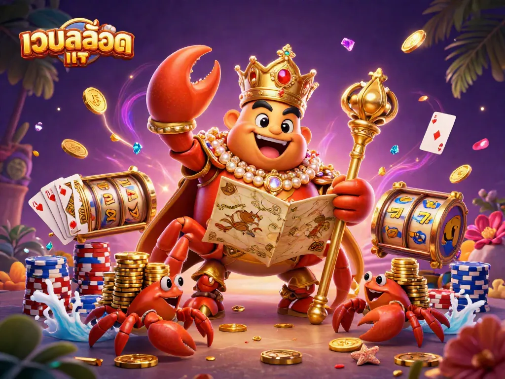 Engage with เว็บสล็อตแท้ as the golden crab emperor oversees dynamic slot action and treasures in a vibrant casino setting.