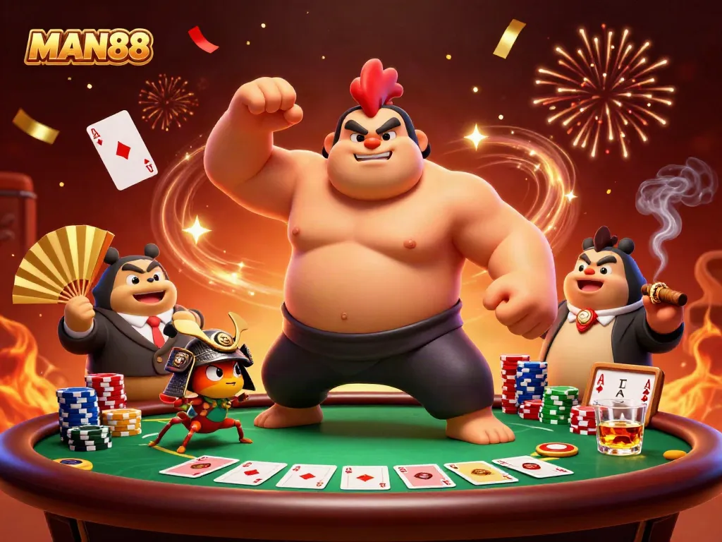Play exciting poker games with MAN88 as the powerful rooster sumo and samurai cricket battle in a vibrant casino.