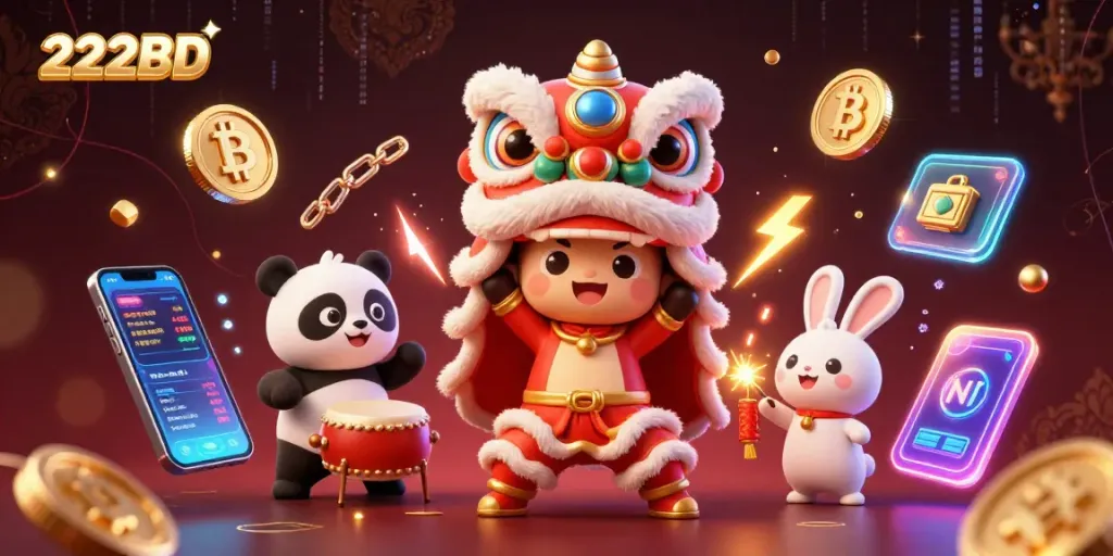 Engage with the thrilling 222BD casino experience amid a festive scene of animated characters and crypto elements.