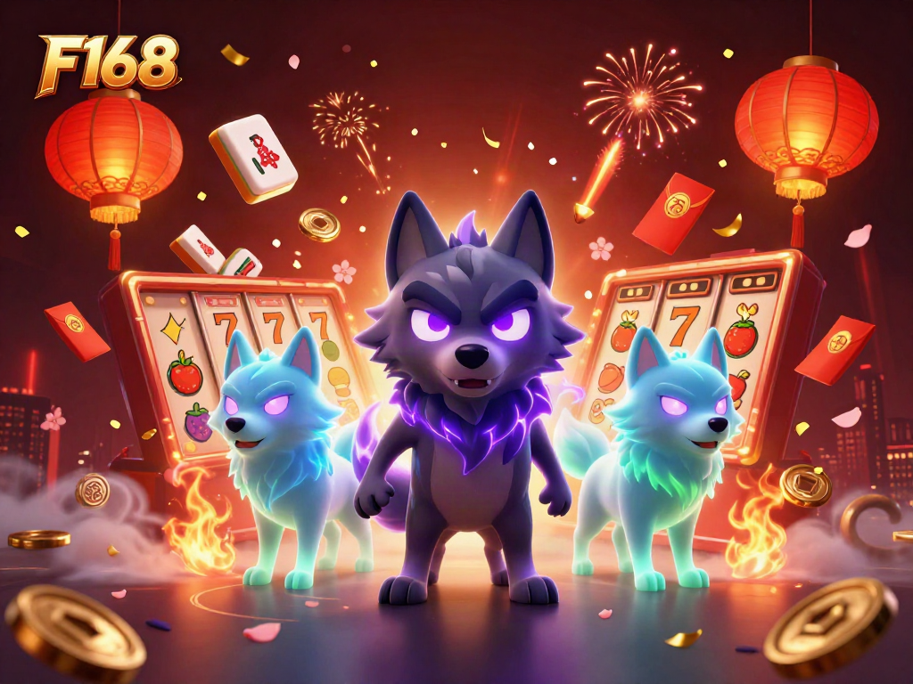 Experience thrilling moments in F168's vibrant casino scene with dynamic floating game elements.