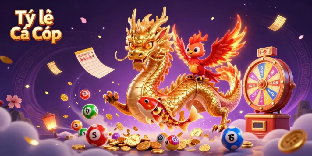 Experience Tỷ Lệ Cá Cược with vibrant dragons, phoenixes, and exciting gambling elements interacting in a dynamic illustration.
