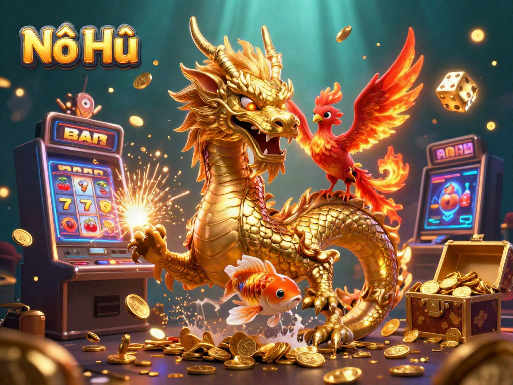 Nổ Hũ dragon, phoenix, and koi fish celebrate a jackpot victory amidst casino elements.