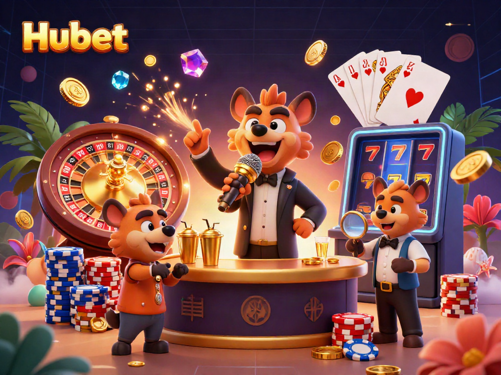Experience the excitement of Hubet with lively hyenas in a vibrant casino scene full of games and fun.