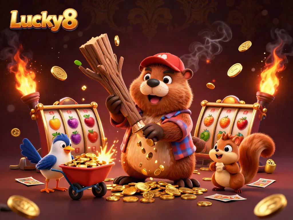 Experience winning adventures with Lucky8 as 3D characters interact amidst vibrant slot symbols, golden coins, and dynamic actions.