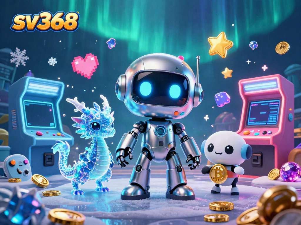 Experience gaming excitement at sv368 with a cyberpunk robot and AI companions surrounded by colorful arcade elements.