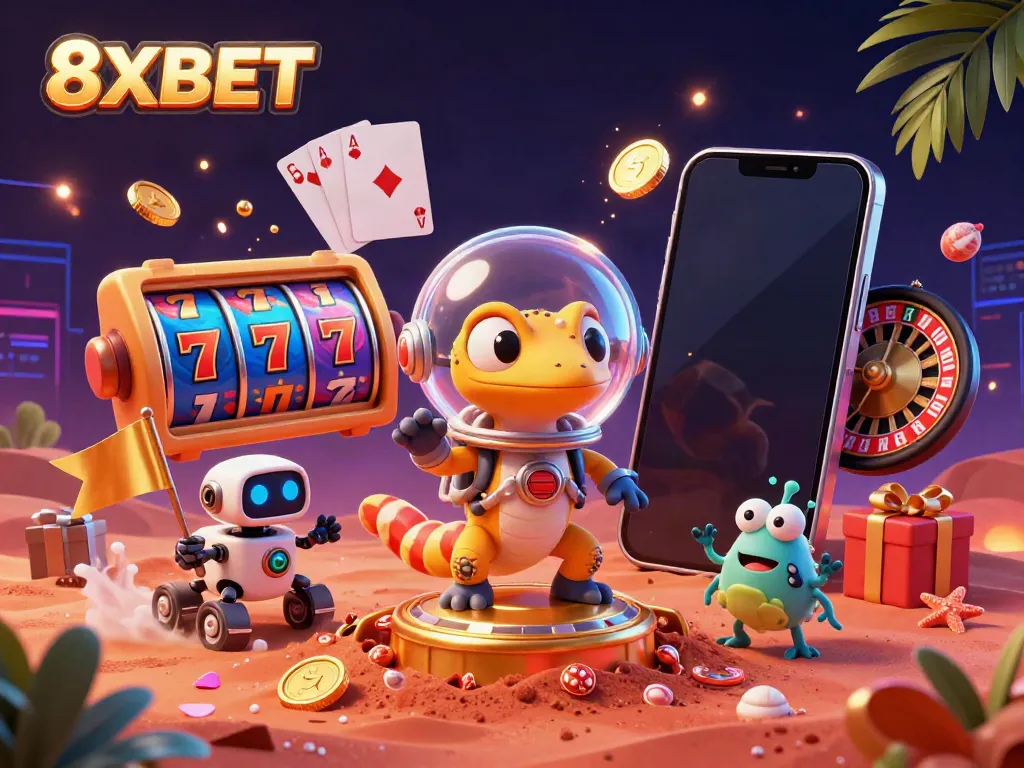 8XBET showcases an exciting gaming experience with a cartoon Martian gecko discovering a golden casino.