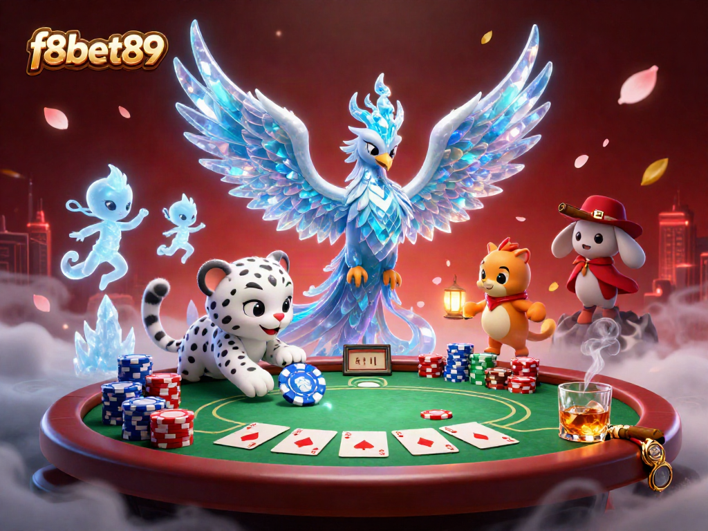 Experience thrilling gameplay with f8bet89's dynamic casino scene featuring an ice phoenix and poker elements.