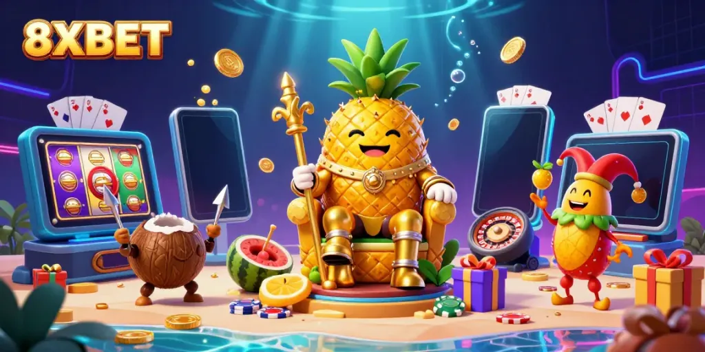 Experience the vibrant allure of 8XBET with a golden pineapple king, playful jester, and gaming elements in a dazzling casino scene.
