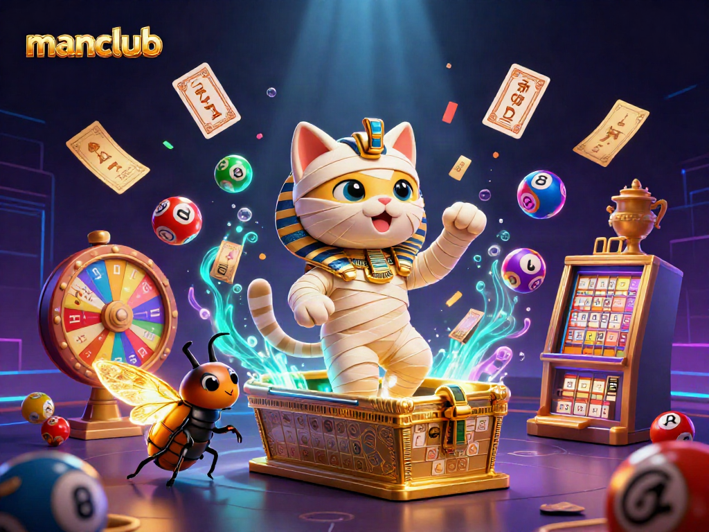 Engage in manclub-themed casino fun with a lively animated scene of lottery excitement.