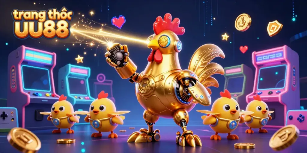 Engage with the dynamic world of trang chủ uu88 featuring a golden rooster robot and arcade machines.