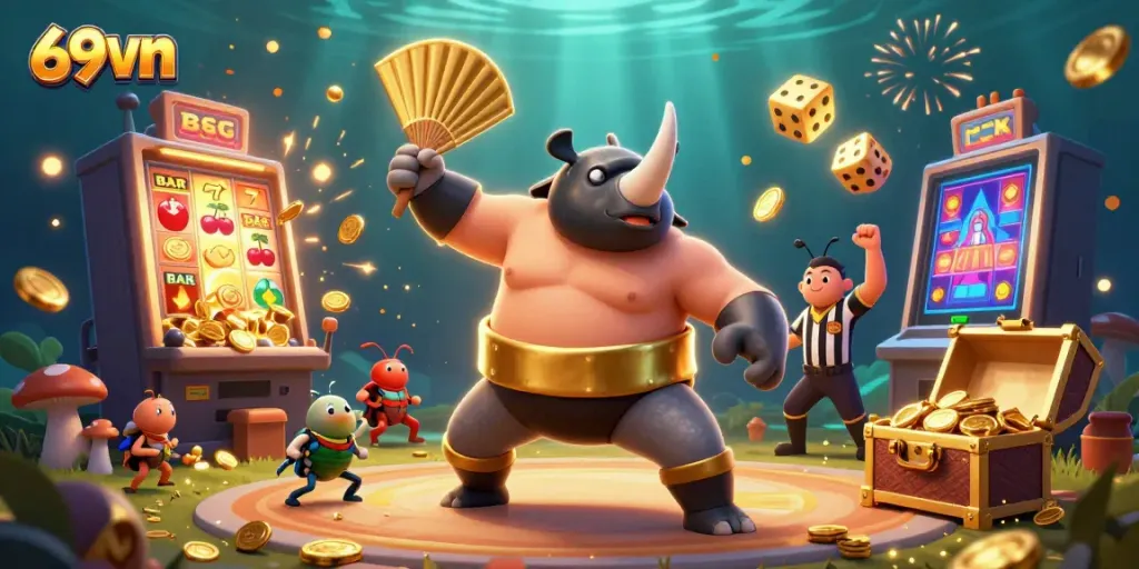 Engage in thrilling gaming action at 69vn with a dynamic 3D illustration of a sumo champion beetle amidst a casino explosion.