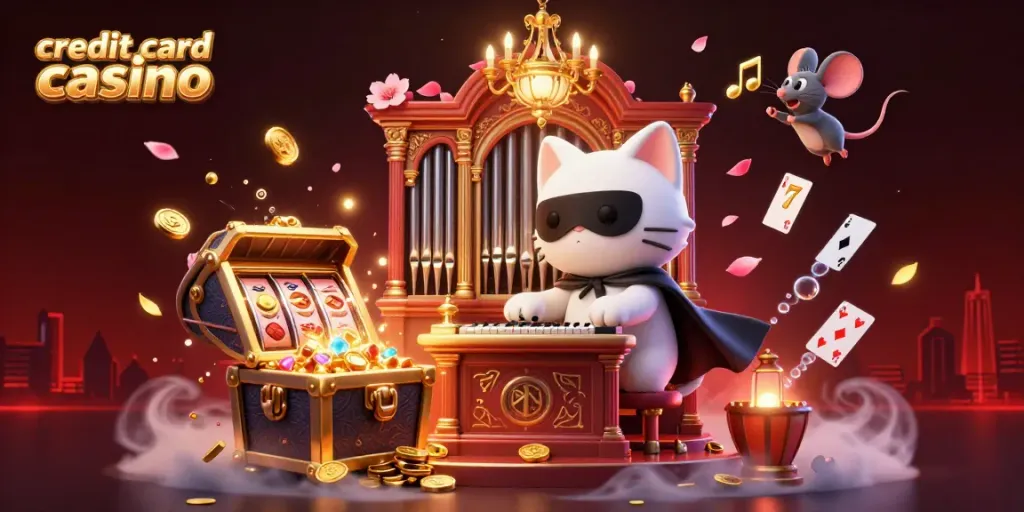 A vibrant illustration of a credit card casino scene featuring a phantom cat and a mouse acrobat amid lively slot machine reels and golden treasure.