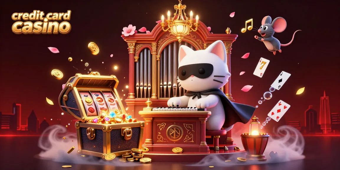 A vibrant illustration of a credit card casino scene featuring a phantom cat and a mouse acrobat amid lively slot machine reels and golden treasure.