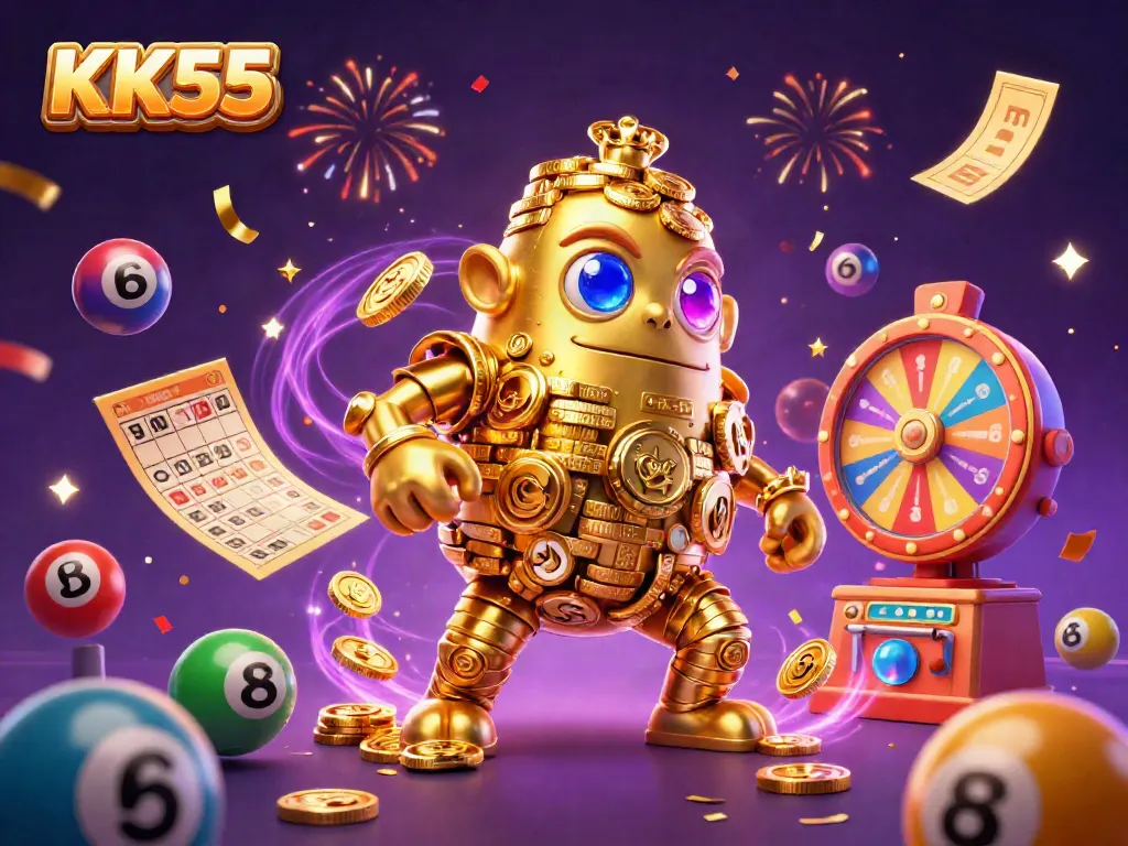Experience the thrill of KK55 with a dynamic golden golem amidst vibrant casino elements.