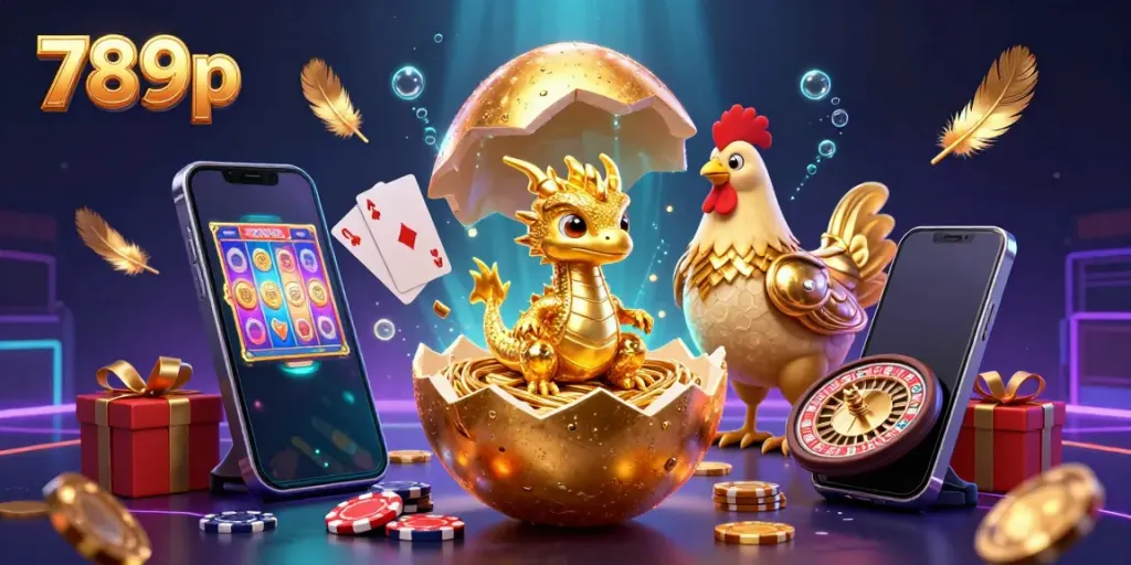 Experience 789p's exciting gambling atmosphere with a dragon emerging from a golden egg amid casino elements.