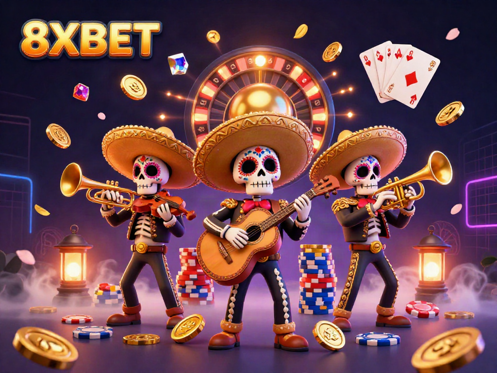 Join the exciting world of 8XBET with this vibrant scene showcasing a lively mariachi band among casino elements.