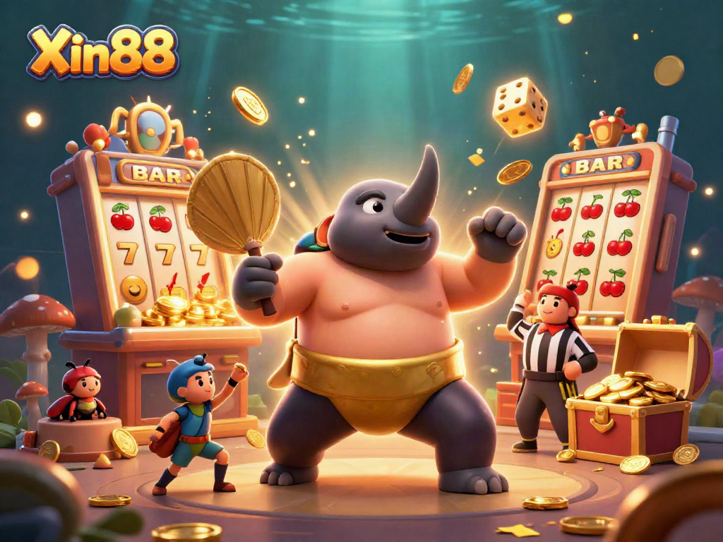 Engage in thrilling gameplay at Xin88 with a dynamic illustration featuring a sumo champion beetle amidst golden jackpots.