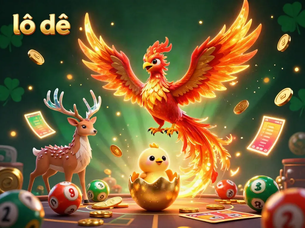 Engage in the exciting lô đề lottery world with bursting visuals of a phoenix, golden eggs, and dynamic casino elements.