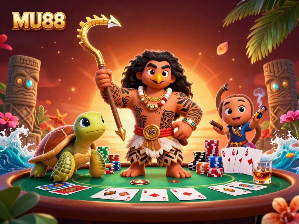 Experience thrilling poker at MU88, featuring a Maui-style demigod and vibrant gaming elements.