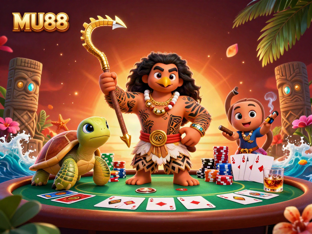 Experience thrilling poker at MU88, featuring a Maui-style demigod and vibrant gaming elements.